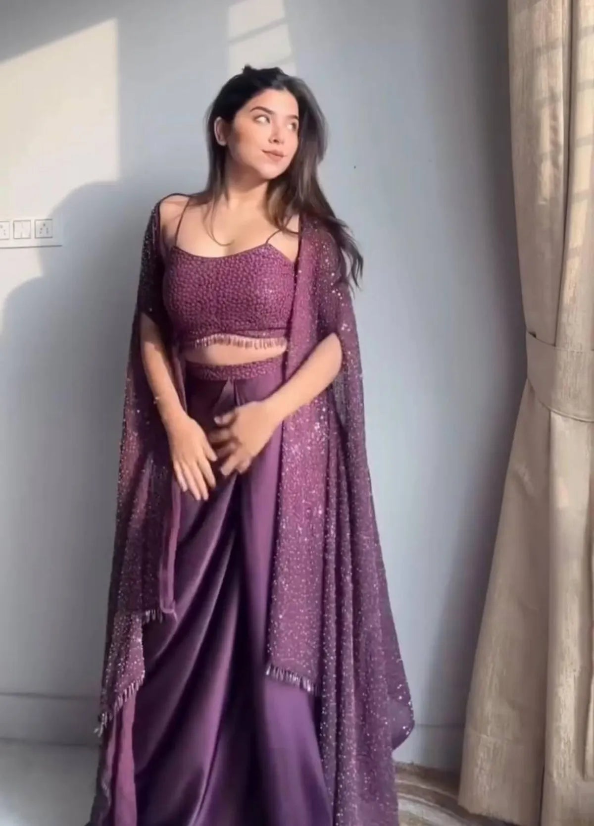 Plum Glam Indo-Western Draped Skirt Set with Sequin Shrug | Designer Party Wear Co-Ord Set for Women