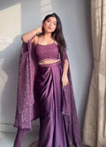 Plum Glam Indo-Western Draped Skirt Set with Sequin Shrug | Designer Party Wear Co-Ord Set for Women