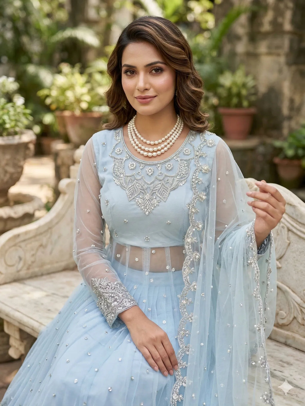Powder Blue Sequins Embroidered Gown Lehenga Set with Dupatta for Women | Party Wear Ethnic Outfit