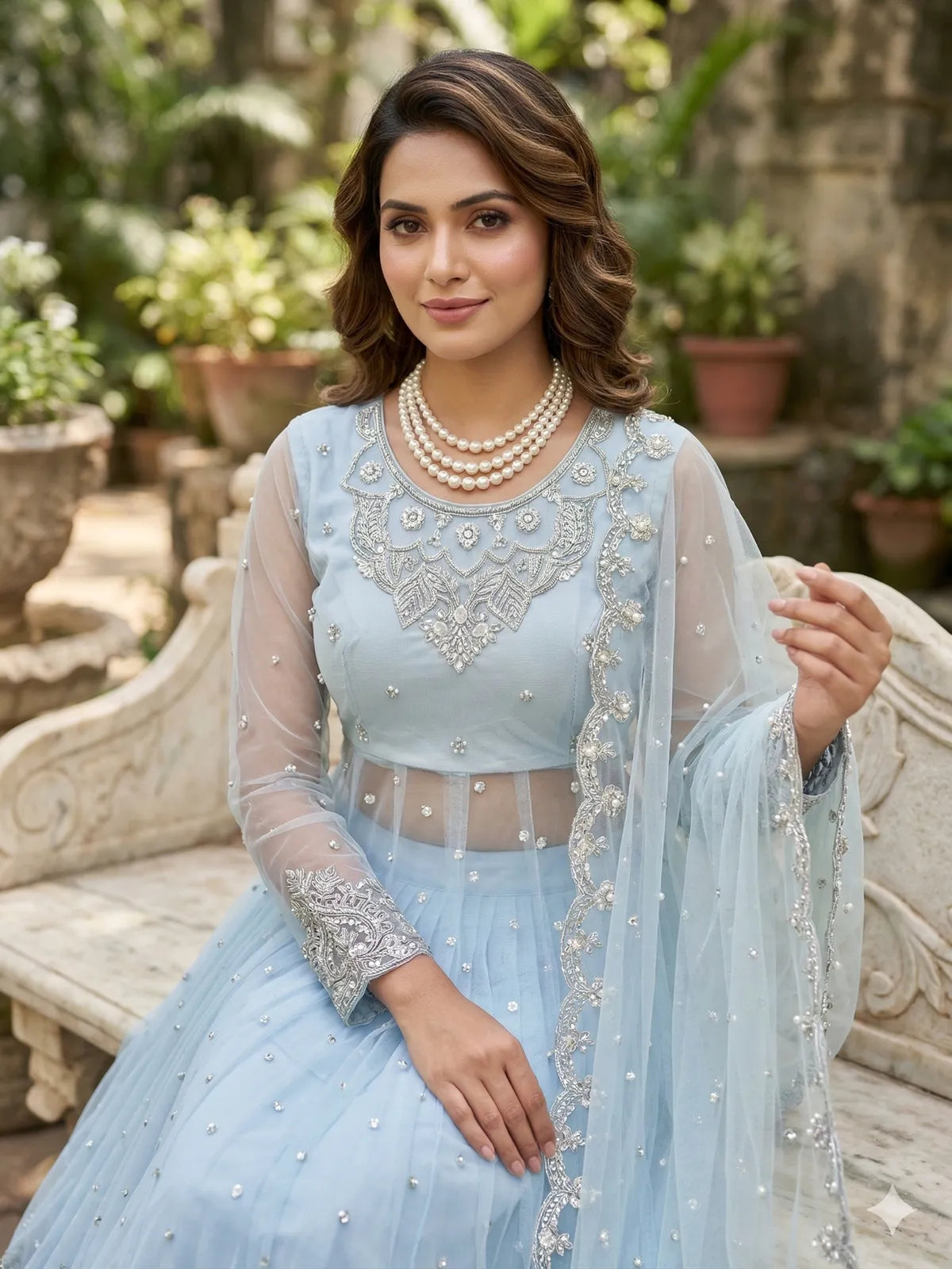 Powder Blue Sequins Embroidered Gown Lehenga Set with Dupatta for Women | Party Wear Ethnic Outfit