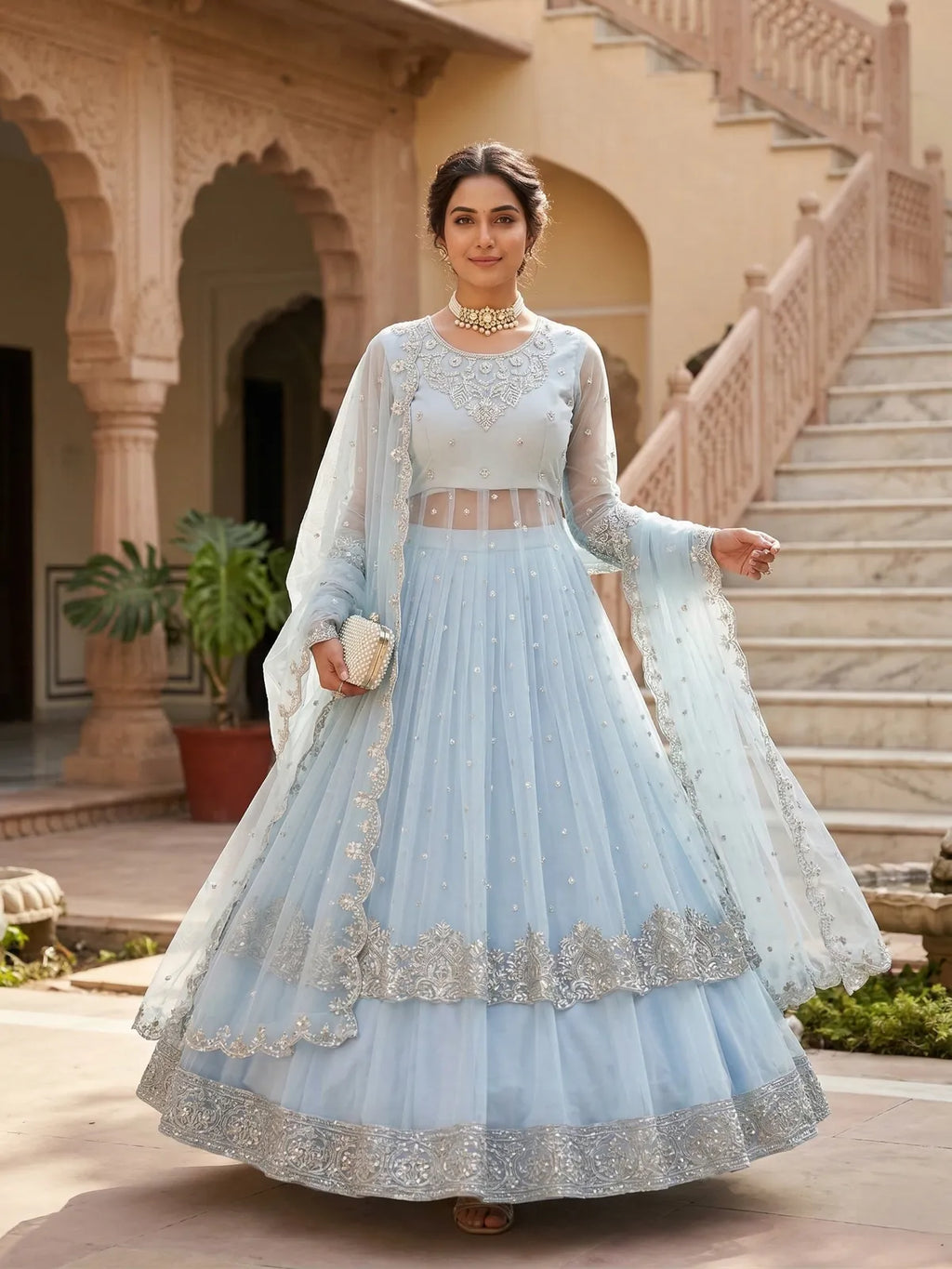Powder Blue Sequins Embroidered Gown Lehenga Set with Dupatta for Women | Party Wear Ethnic Outfit