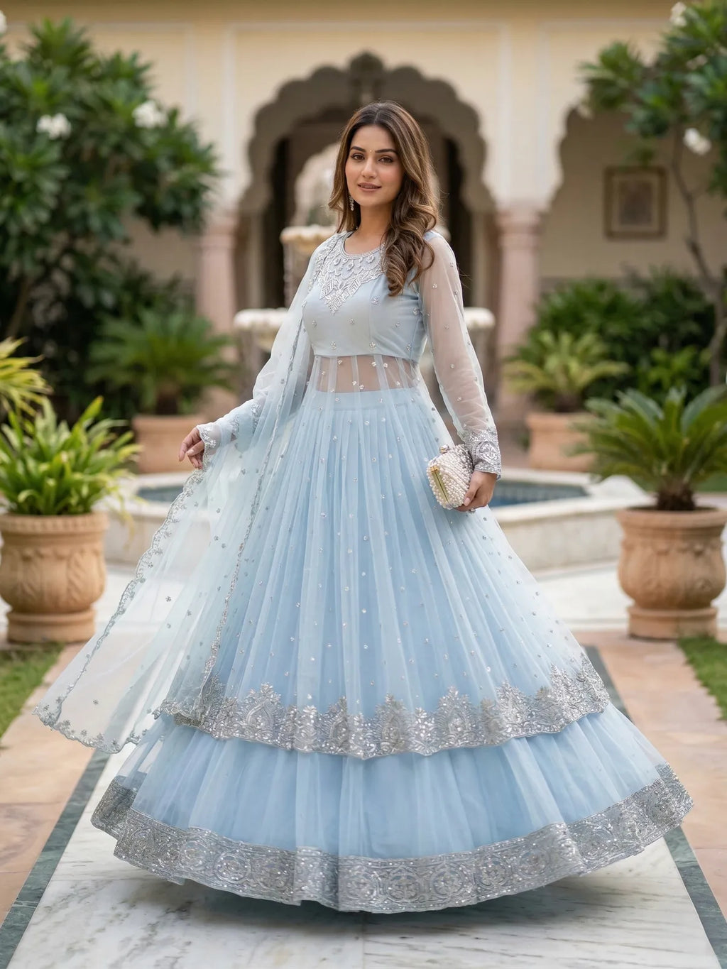 Powder Blue Sequins Embroidered Gown Lehenga Set with Dupatta for Women | Party Wear Ethnic Outfit