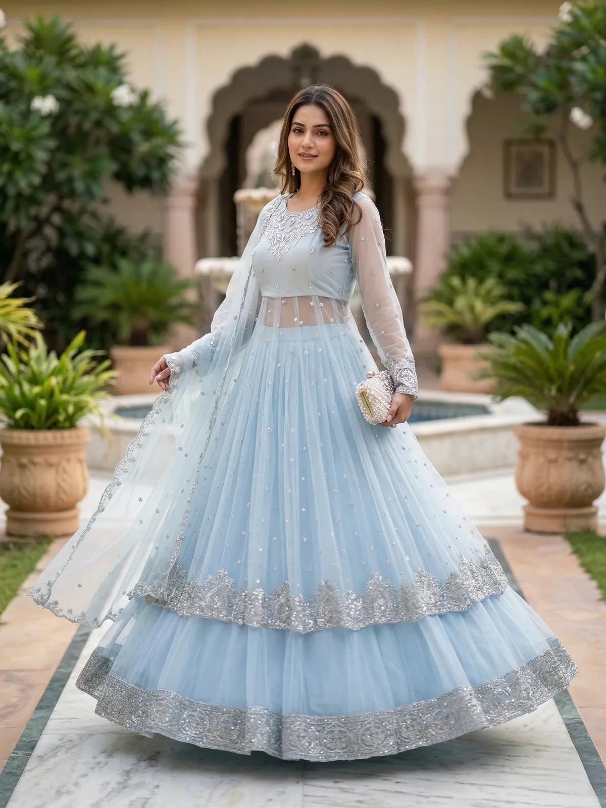 Powder Blue Sequins Embroidered Gown Lehenga Set with Dupatta for Women | Party Wear Ethnic Outfit