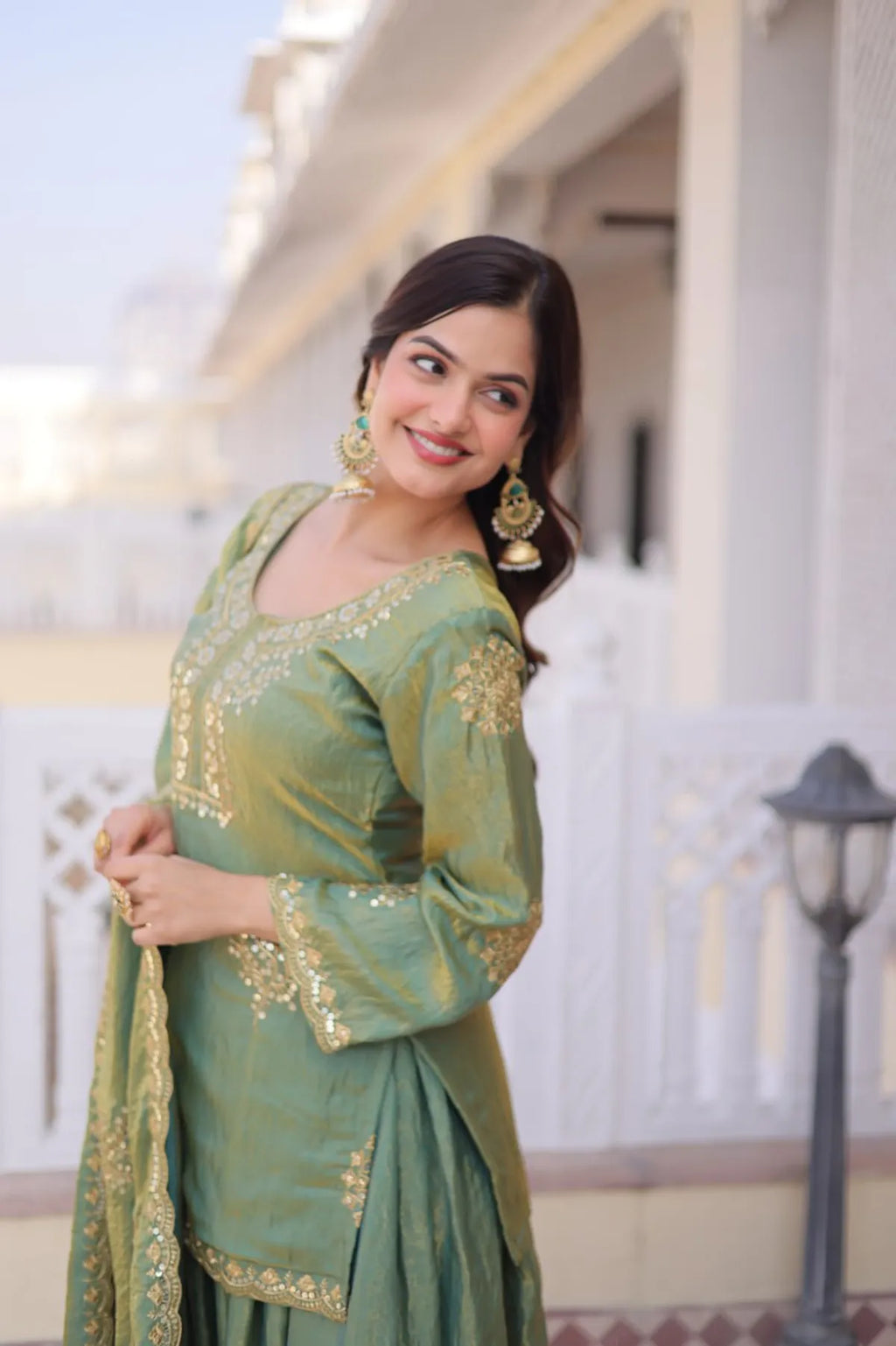Premium Green Pakistani Sharara Suit with Zari & Sequins Work | Designer Festive Wear Suit Set with Dupatta