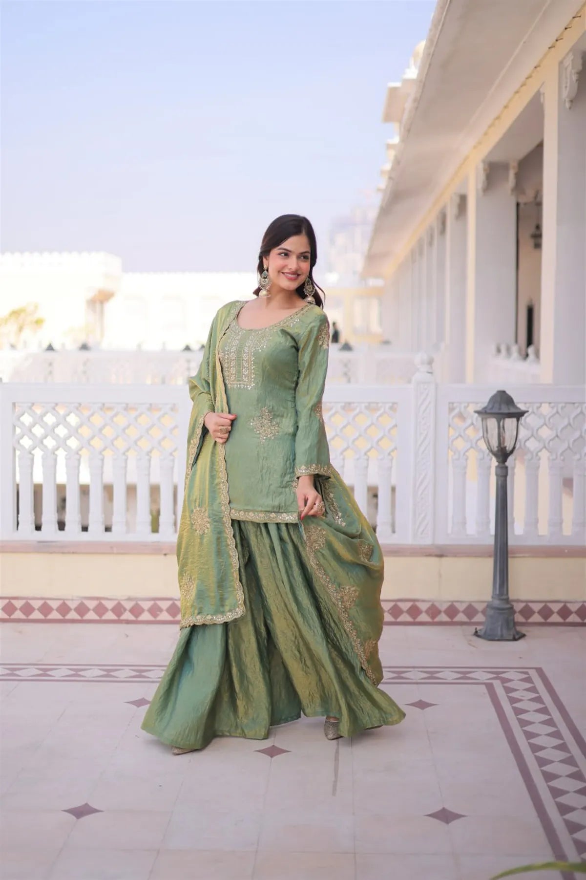 Premium Green Pakistani Sharara Suit with Zari & Sequins Work | Designer Festive Wear Suit Set with Dupatta