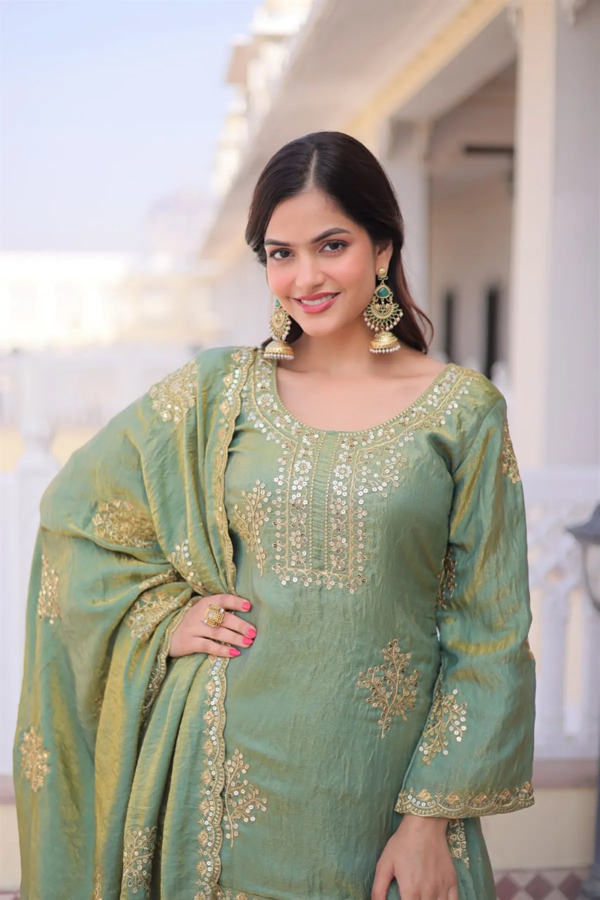 Premium Green Pakistani Sharara Suit with Zari & Sequins Work | Designer Festive Wear Suit Set with Dupatta