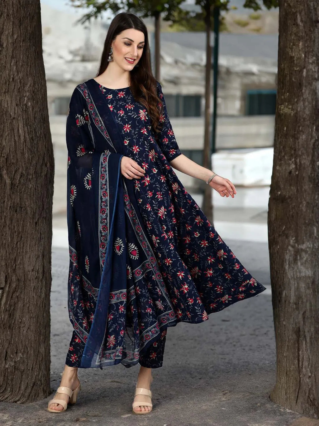 Women's Premium Navy Blue Rayon Floral Printed Kurti Pant & Dupatta Set | Elegant 3 Piece Ethnic Wear