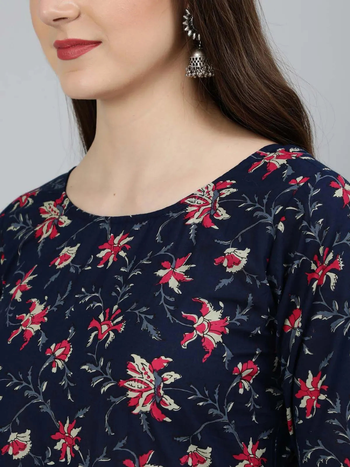 Women's Premium Navy Blue Rayon Floral Printed Kurti Pant & Dupatta Set | Elegant 3 Piece Ethnic Wear