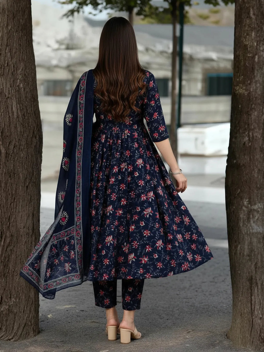 Women's Premium Navy Blue Rayon Floral Printed Kurti Pant & Dupatta Set | Elegant 3 Piece Ethnic Wear