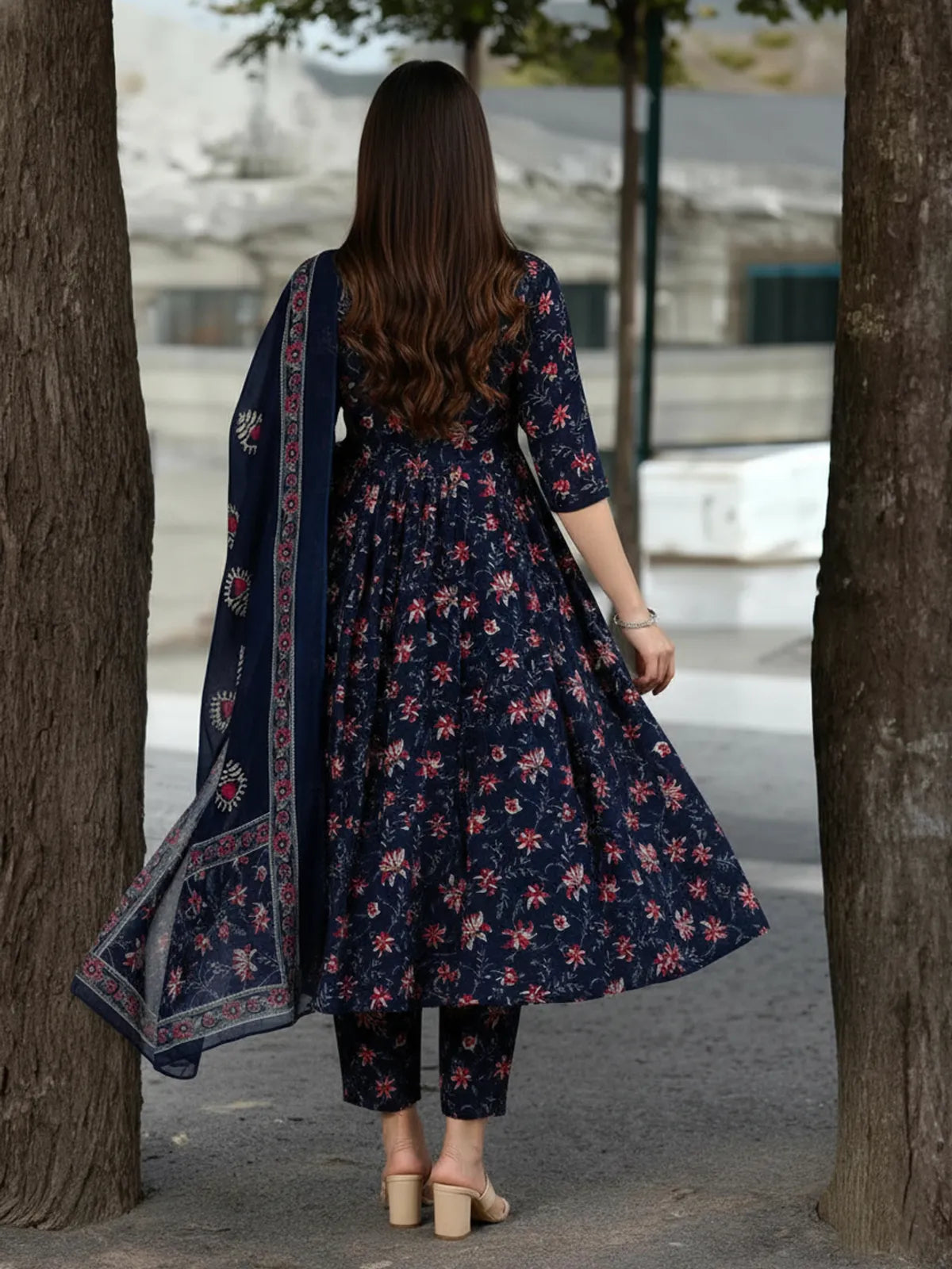 Women's Premium Navy Blue Rayon Floral Printed Kurti Pant & Dupatta Set | Elegant 3 Piece Ethnic Wear