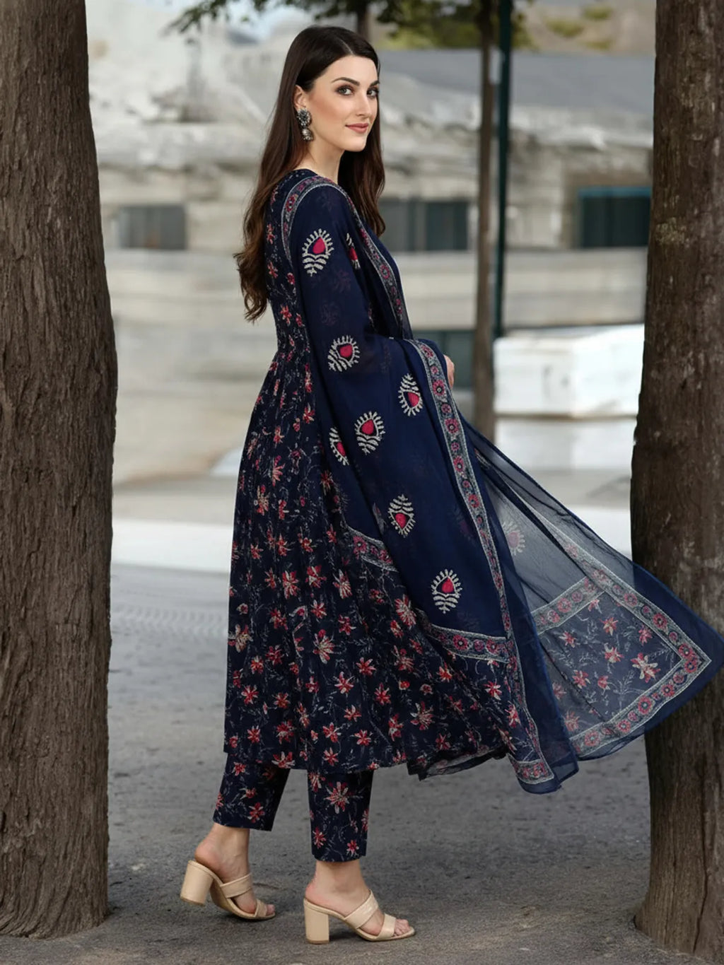 Women's Premium Navy Blue Rayon Floral Printed Kurti Pant & Dupatta Set | Elegant 3 Piece Ethnic Wear