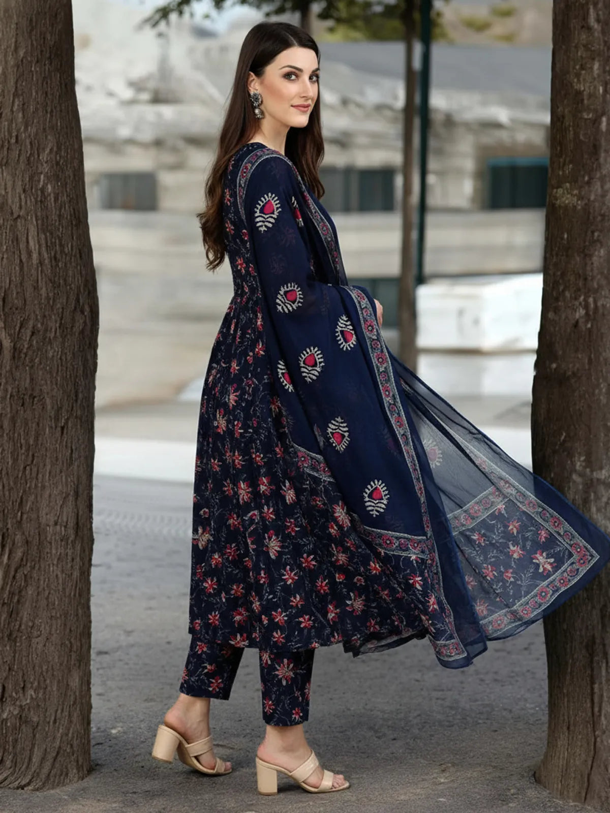 Women's Premium Navy Blue Rayon Floral Printed Kurti Pant & Dupatta Set | Elegant 3 Piece Ethnic Wear