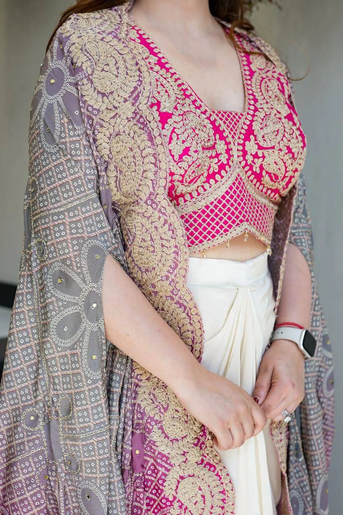 Teal Blue Bandhani IndoWestern Dhoti Set with Heavy Embroidered Blouse & Designer Drape