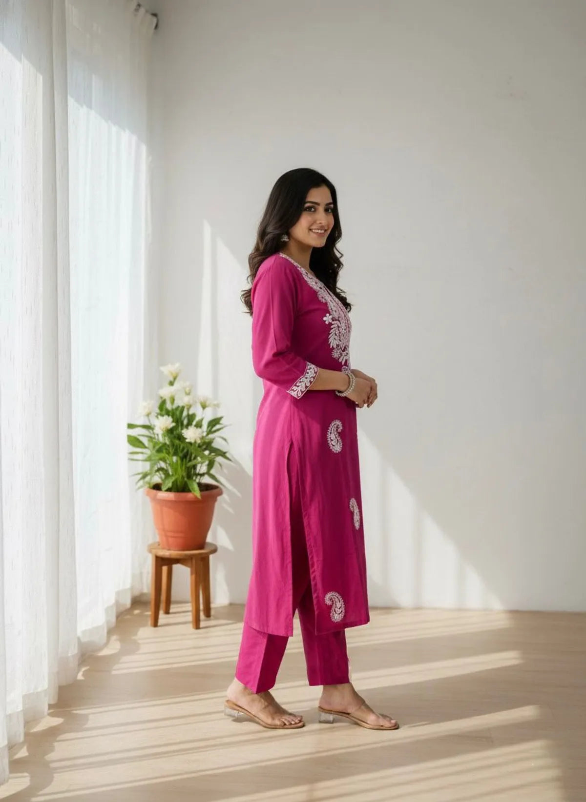 Mustard Khadi Cotton Embroidered Kurta Pant Set for Women