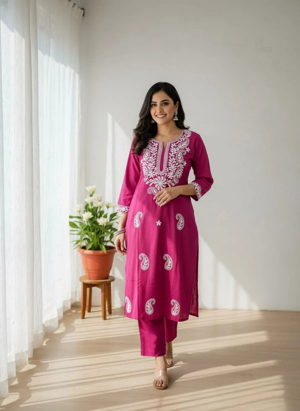 Mustard Khadi Cotton Embroidered Kurta Pant Set for Women