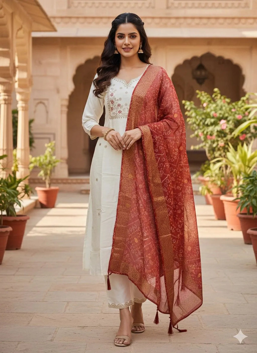 Off-White Roman Silk Embroidered Kurta Set with Pant & Jacquard Dupatta