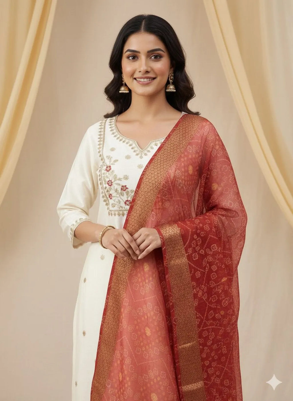 Off-White Roman Silk Embroidered Kurta Set with Pant & Jacquard Dupatta