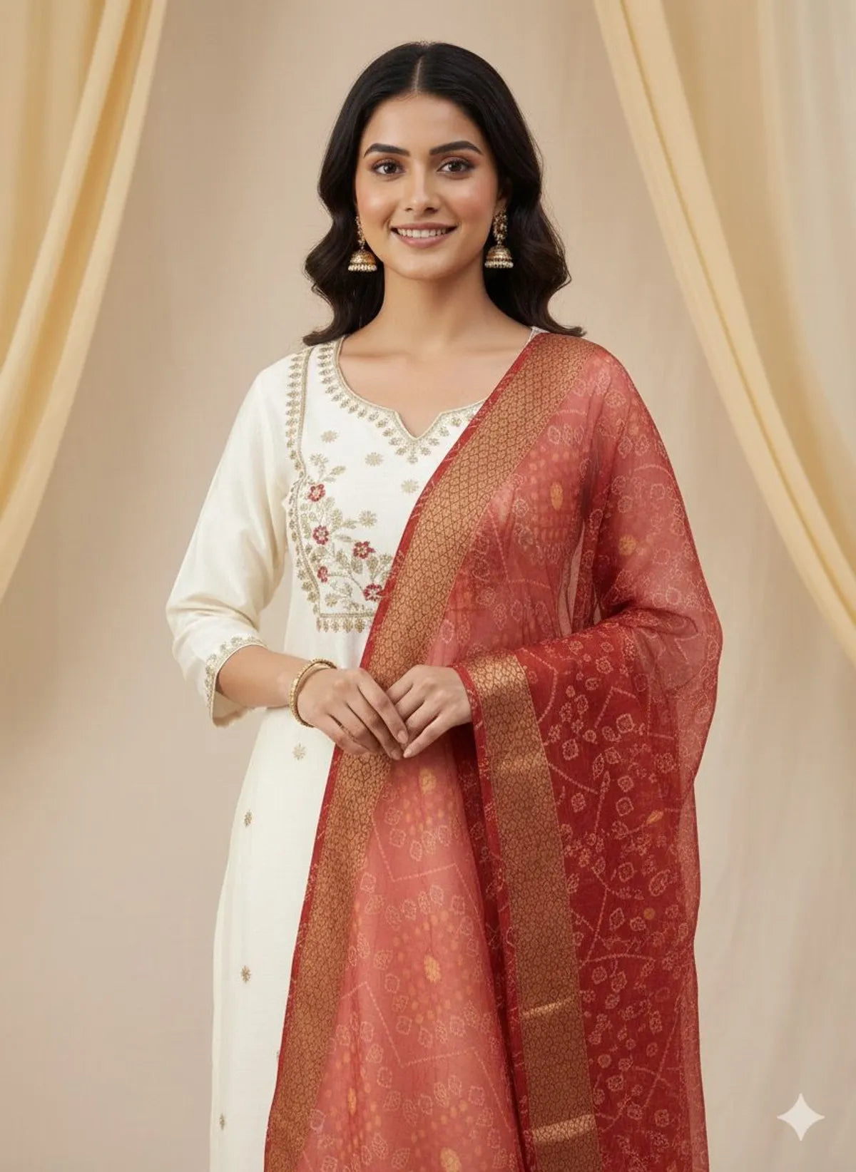 Off-White Roman Silk Embroidered Kurta Set with Pant & Jacquard Dupatta