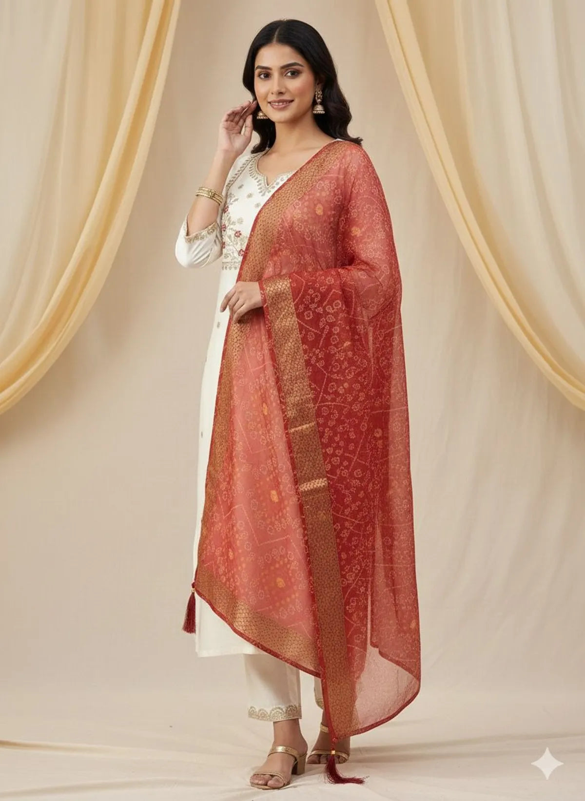Off-White Roman Silk Embroidered Kurta Set with Pant & Jacquard Dupatta