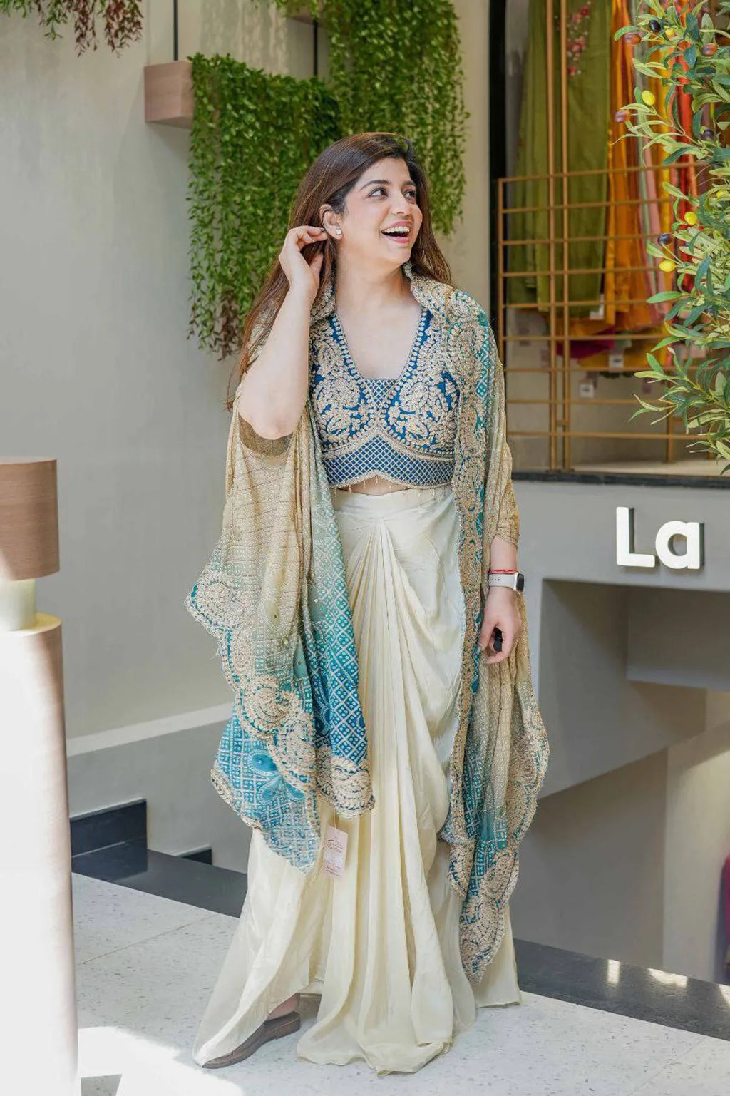 Teal Blue Bandhani IndoWestern Dhoti Set with Heavy Embroidered Blouse & Designer Drape