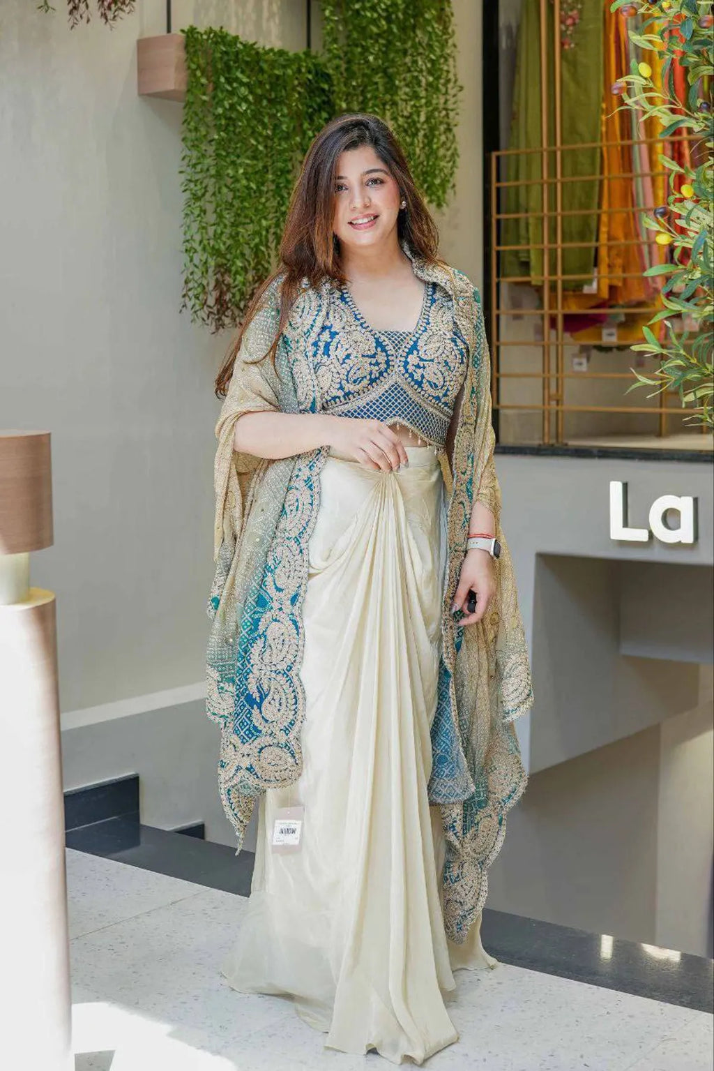 Teal Blue Bandhani IndoWestern Dhoti Set with Heavy Embroidered Blouse & Designer Drape