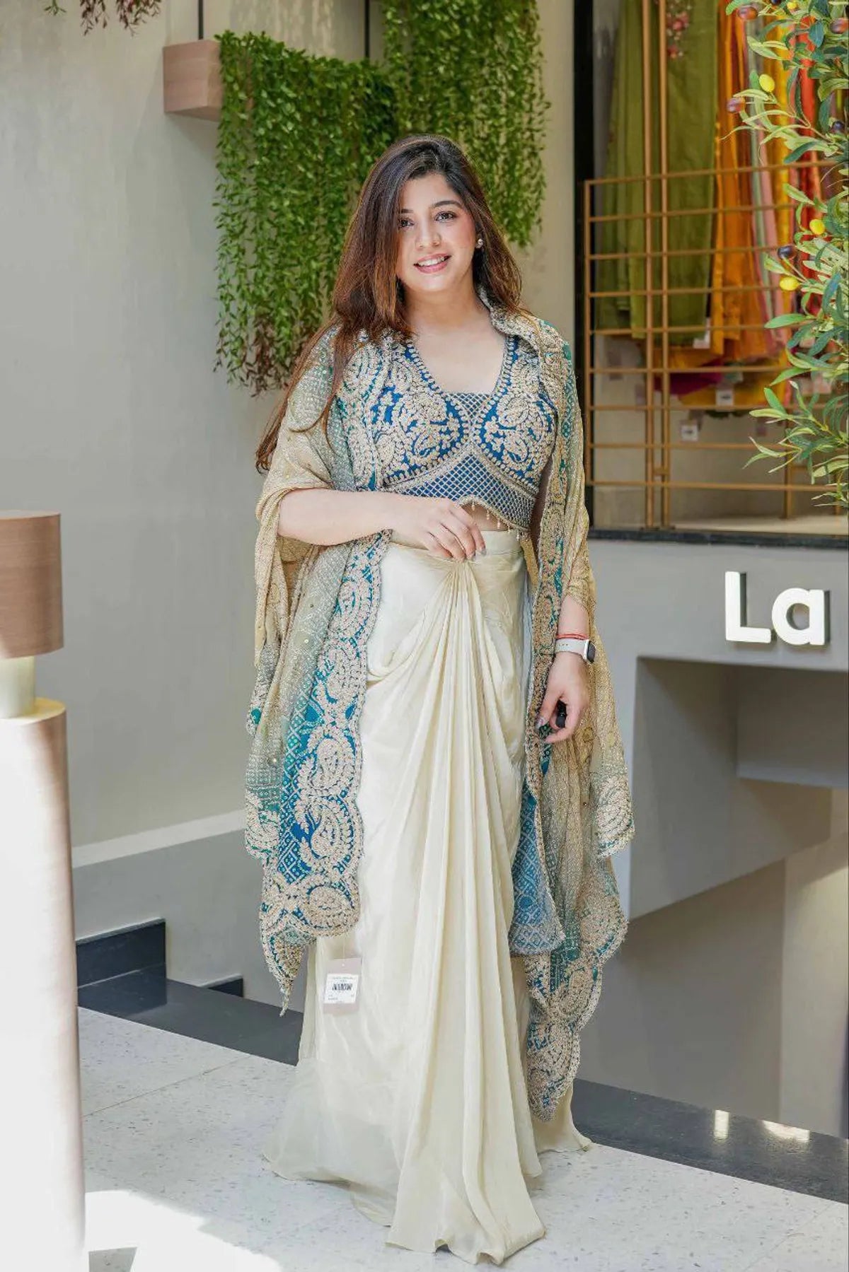 Teal Blue Bandhani IndoWestern Dhoti Set with Heavy Embroidered Blouse & Designer Drape