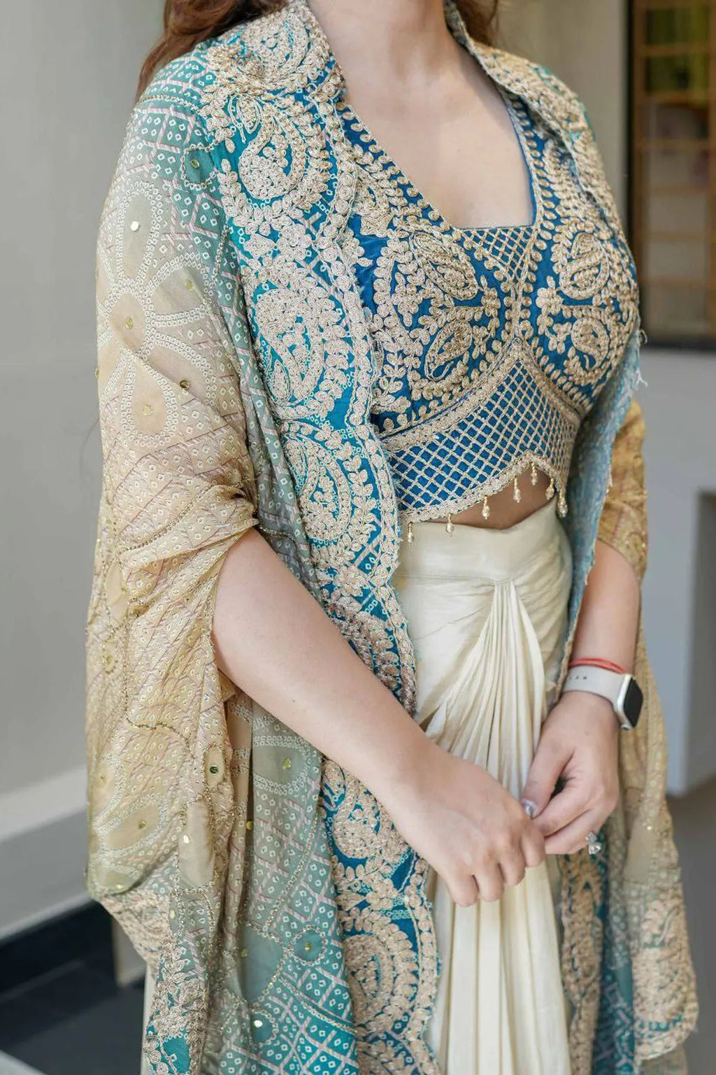 Teal Blue Bandhani IndoWestern Dhoti Set with Heavy Embroidered Blouse & Designer Drape