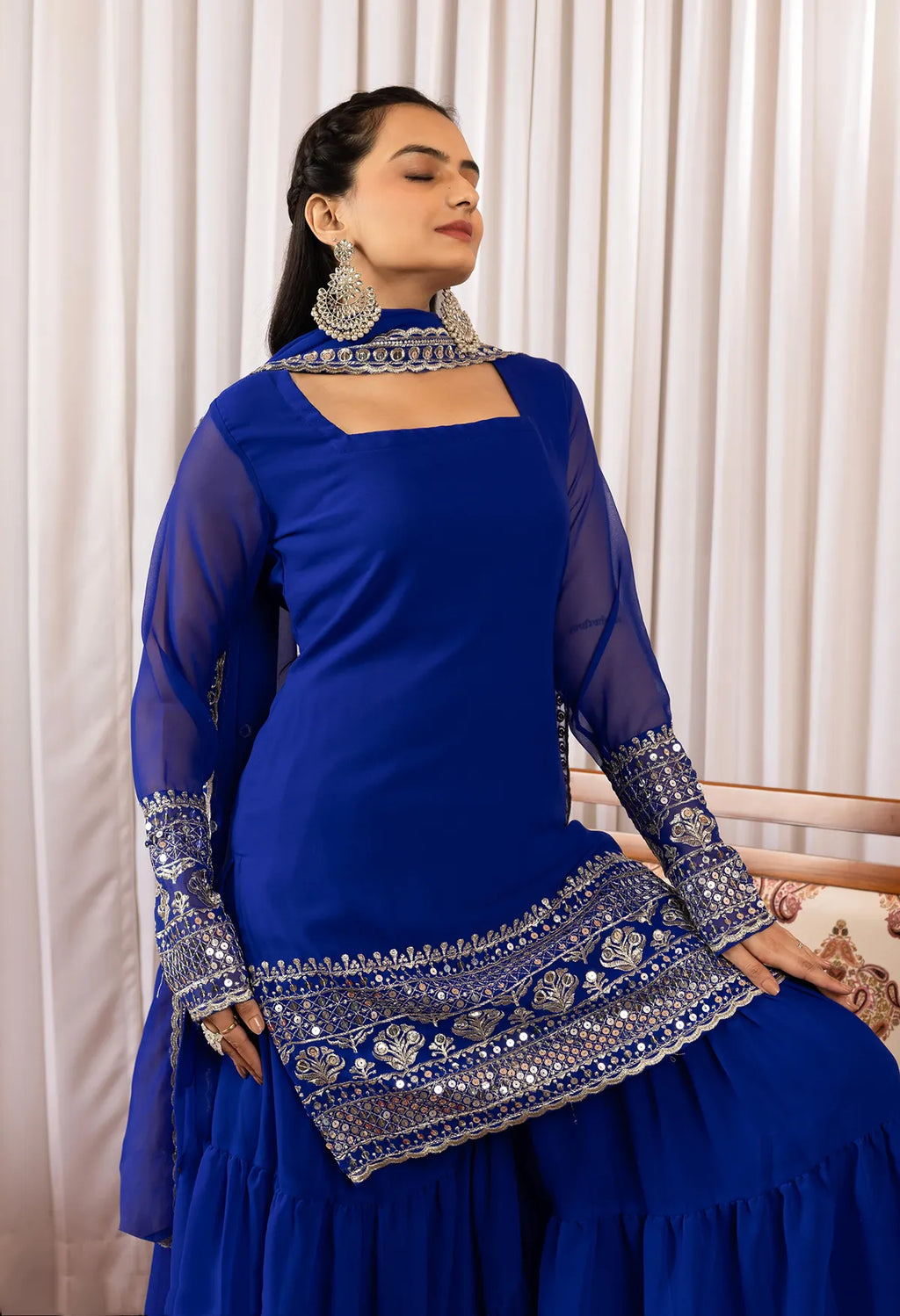 Women's Royal Blue Georgette Embroidered Kurti Sharara & Dupatta Set | Elegant 3 Piece Ethnic Suit
