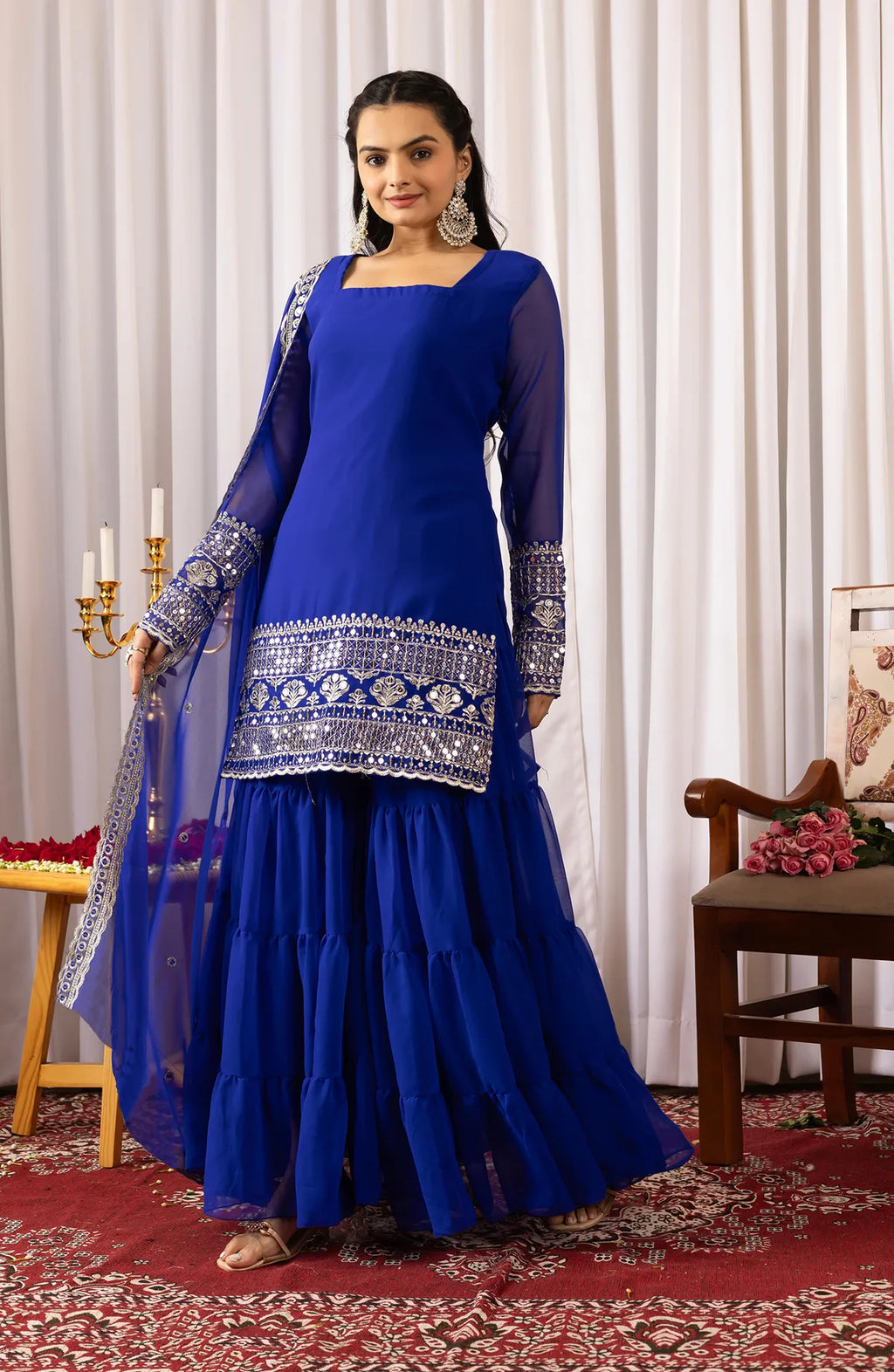Women's Royal Blue Georgette Embroidered Kurti Sharara & Dupatta Set | Elegant 3 Piece Ethnic Suit