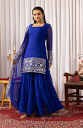 Women's Royal Blue Georgette Embroidered Kurti Sharara & Dupatta Set | Elegant 3 Piece Ethnic Suit