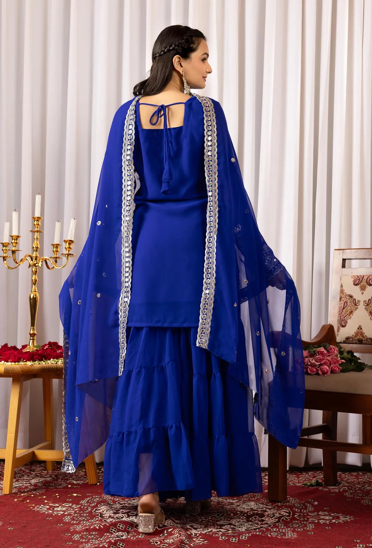 Women's Royal Blue Georgette Embroidered Kurti Sharara & Dupatta Set | Elegant 3 Piece Ethnic Suit