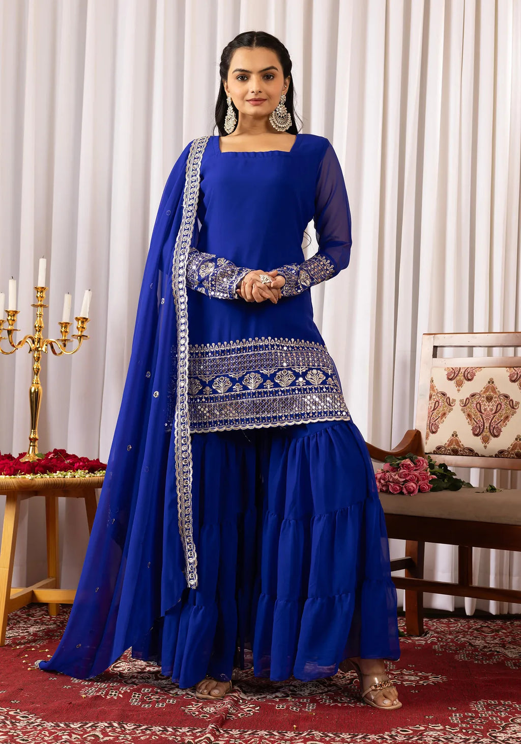 Women's Royal Blue Georgette Embroidered Kurti Sharara & Dupatta Set | Elegant 3 Piece Ethnic Suit