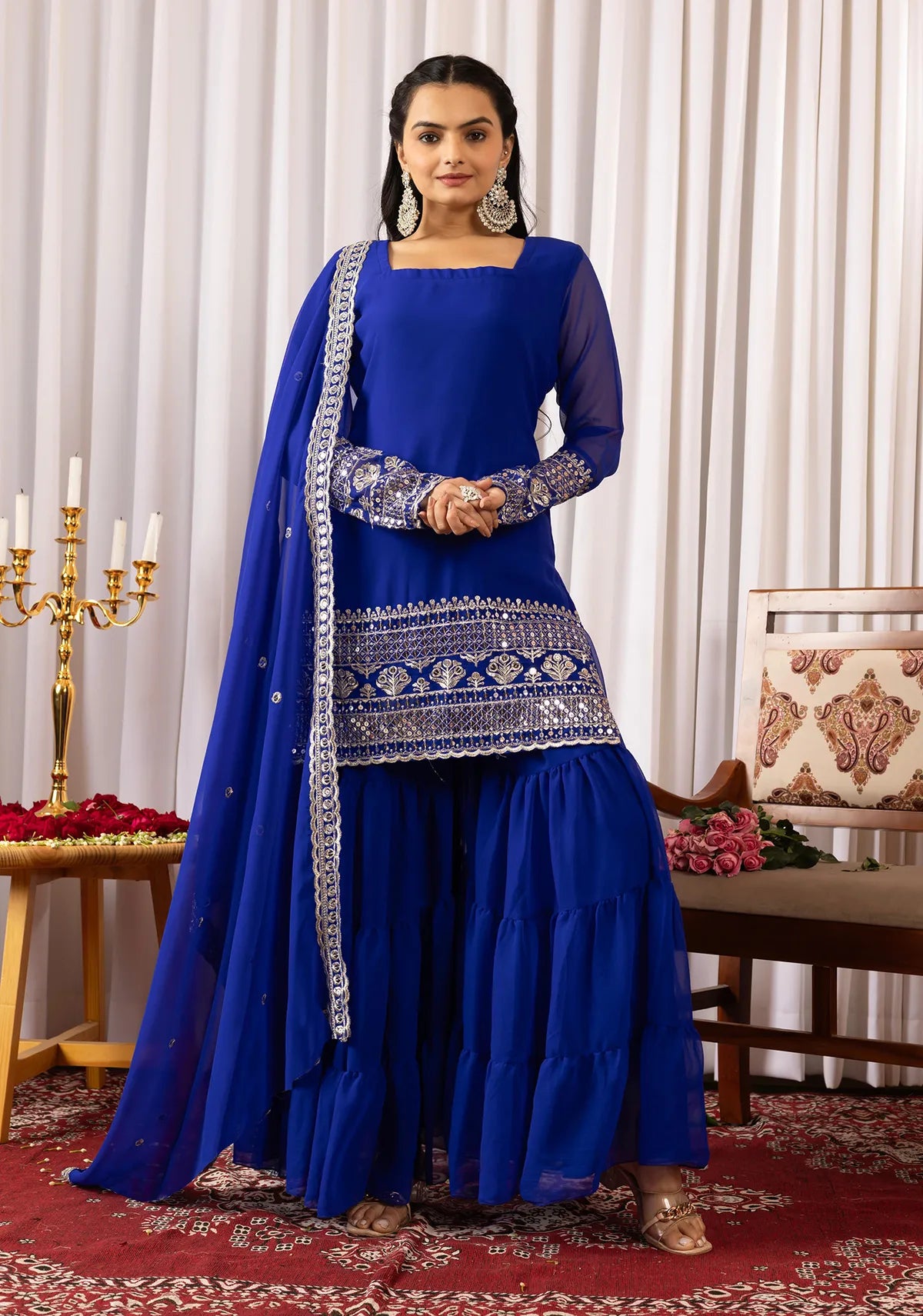 Women's Royal Blue Georgette Embroidered Kurti Sharara & Dupatta Set | Elegant 3 Piece Ethnic Suit
