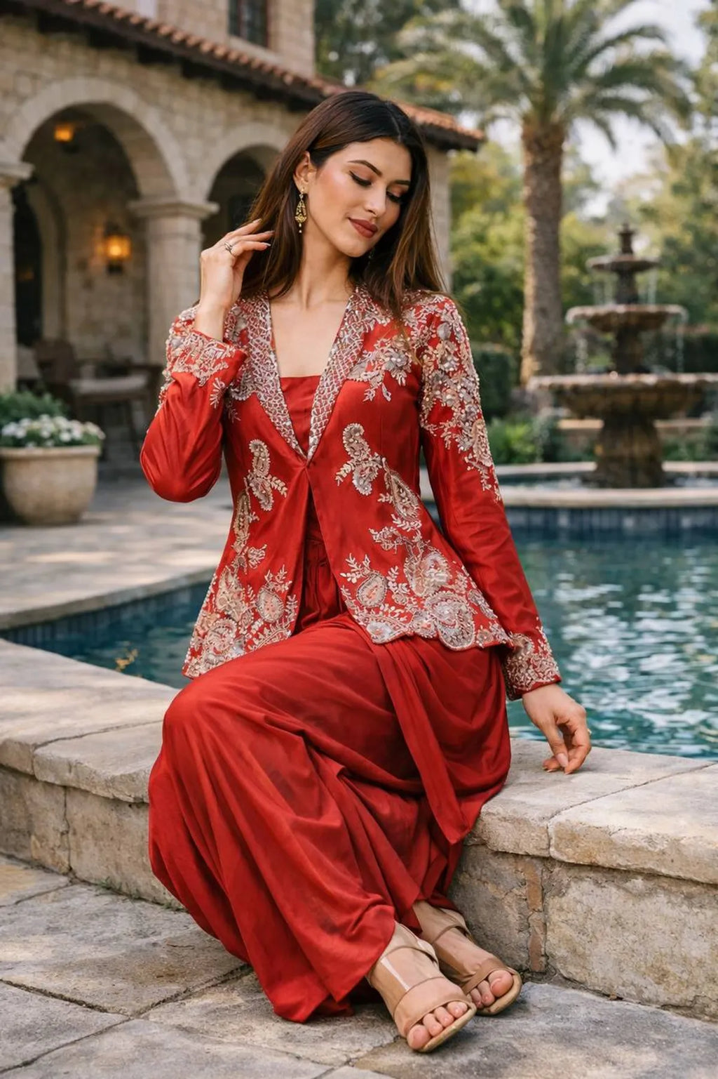 Royal Crimson Dhoti Lehenga with Heavy Embroidered Koti Set for Women | Party & Wedding Wear