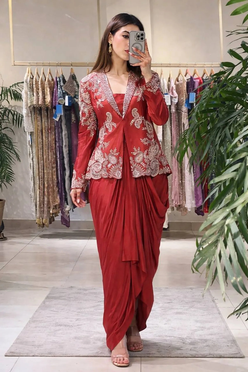 Royal Crimson Dhoti Lehenga with Heavy Embroidered Koti Set for Women | Party & Wedding Wear