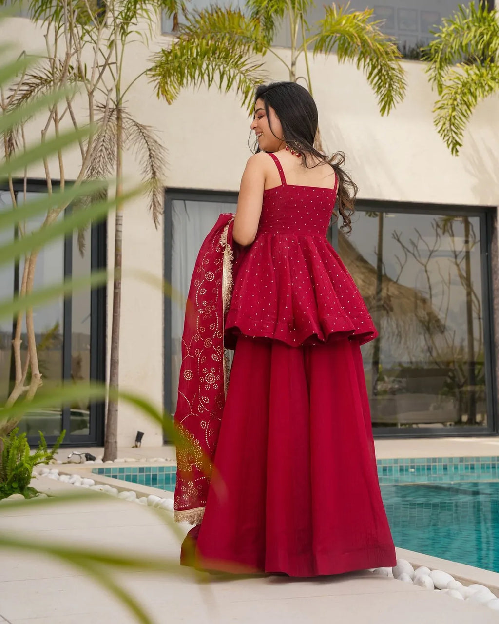 Royal Crimson Mukesh Work Peplum Palazzo Set with Dupatta