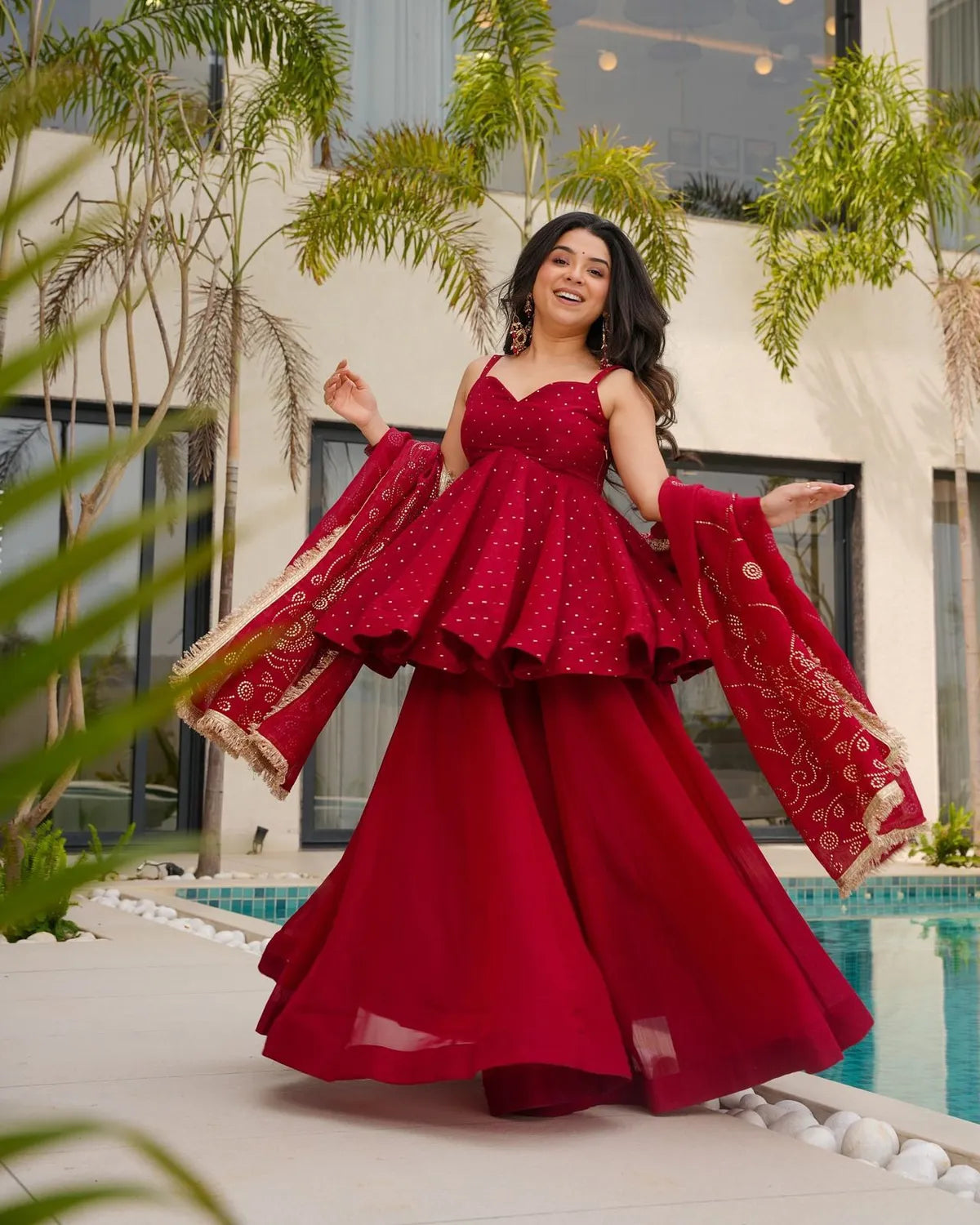 Royal Crimson Mukesh Work Peplum Palazzo Set with Dupatta