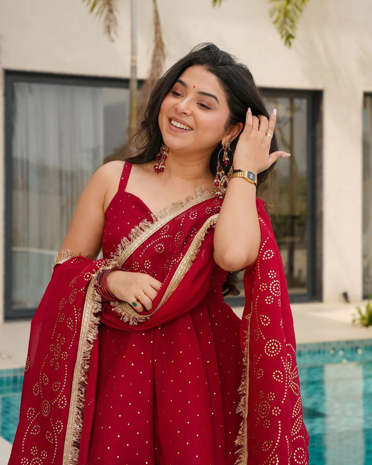 Royal Crimson Mukesh Work Peplum Palazzo Set with Dupatta
