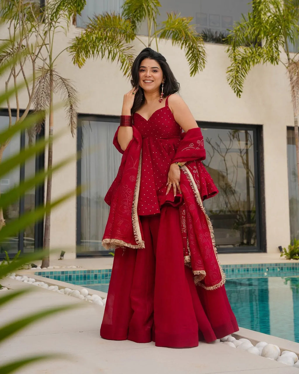 Royal Crimson Mukesh Work Peplum Palazzo Set with Dupatta
