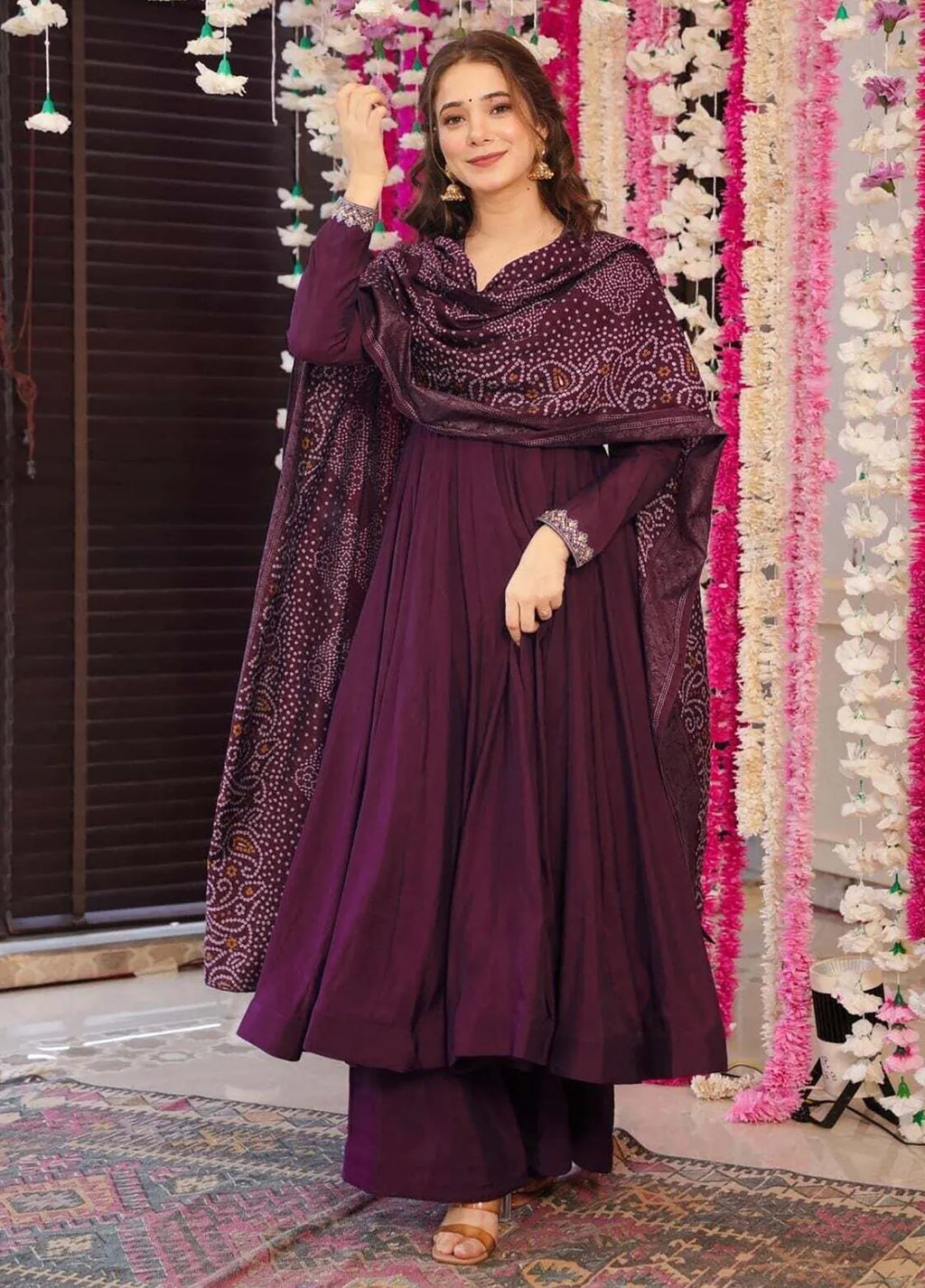 Royal Purple Embroidered Vichitra Anarkali Palazzo Set with Bandhani Dupatta | Festive Women's Suit Set