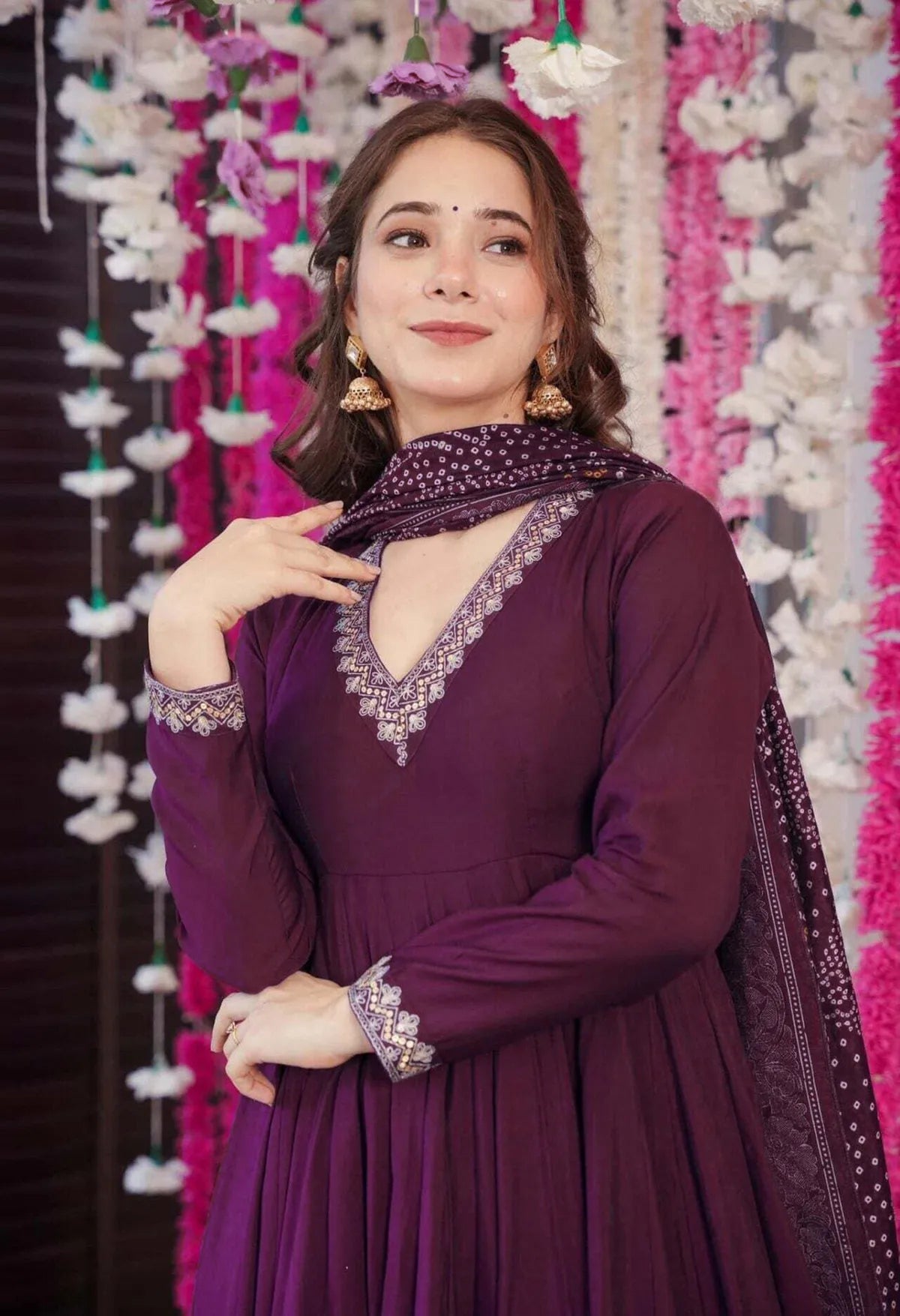 Royal Purple Embroidered Vichitra Anarkali Palazzo Set with Bandhani Dupatta | Festive Women's Suit Set