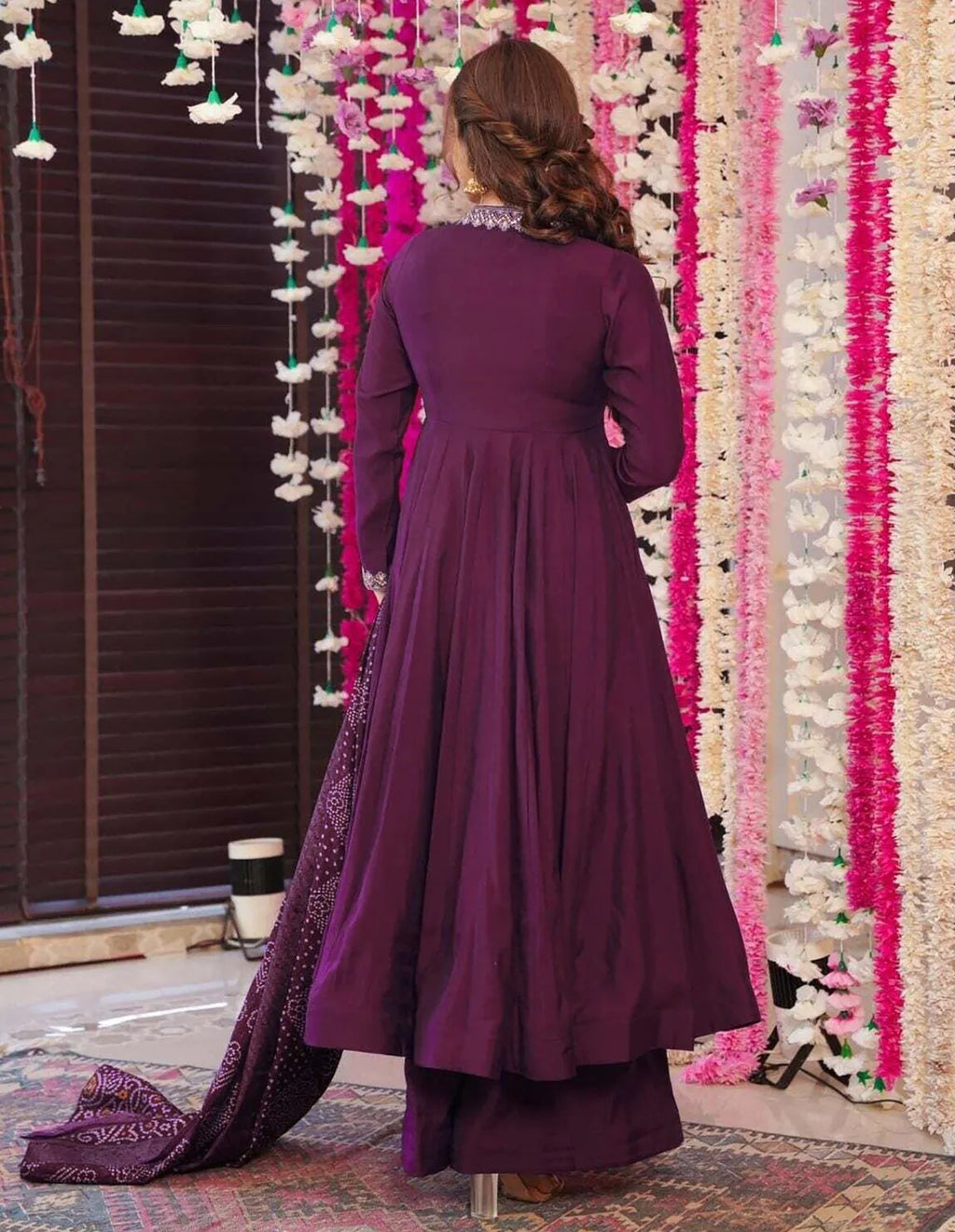 Royal Purple Embroidered Vichitra Anarkali Palazzo Set with Bandhani Dupatta | Festive Women's Suit Set