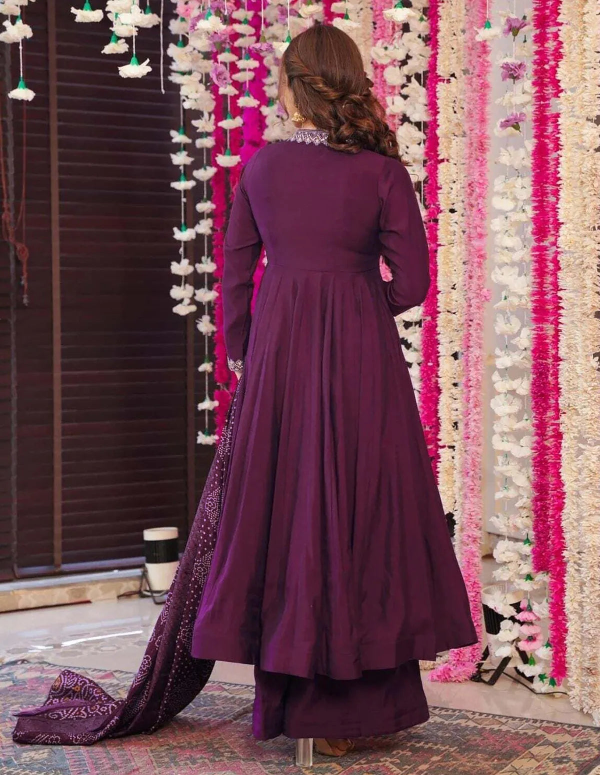 Royal Purple Embroidered Vichitra Anarkali Palazzo Set with Bandhani Dupatta | Festive Women's Suit Set