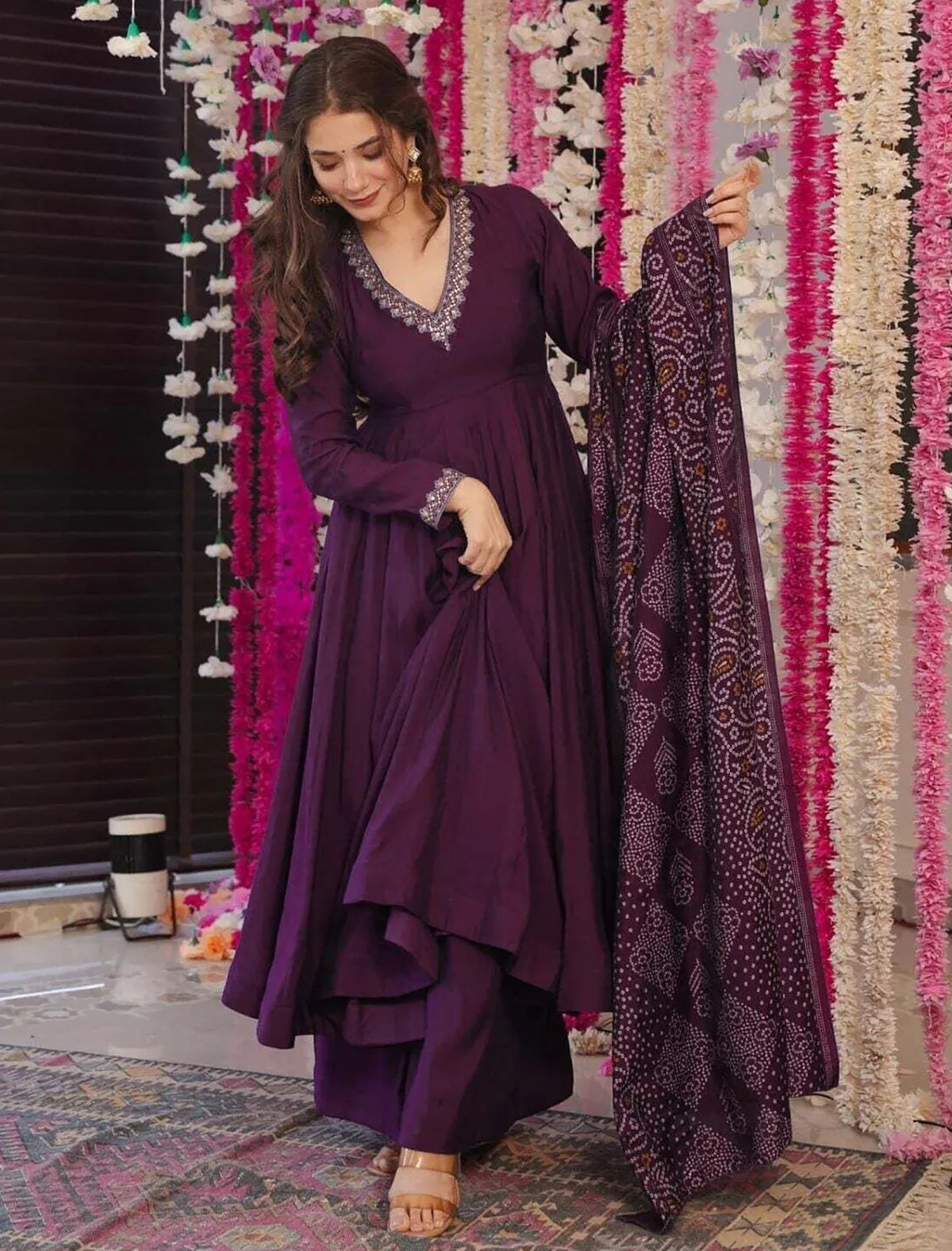 Royal Purple Embroidered Vichitra Anarkali Palazzo Set with Bandhani Dupatta | Festive Women's Suit Set