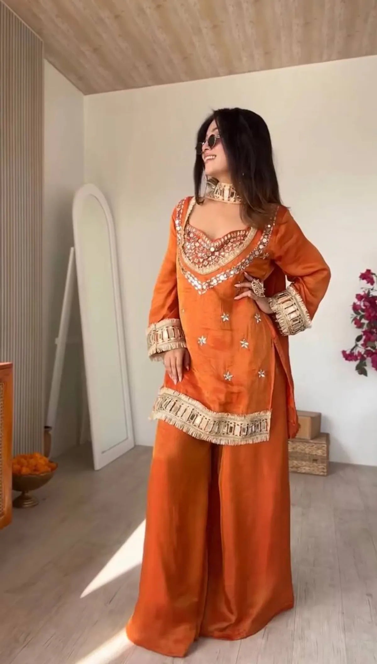 Rust Orange Pakistani Mirror Work Kurti Sharara Set