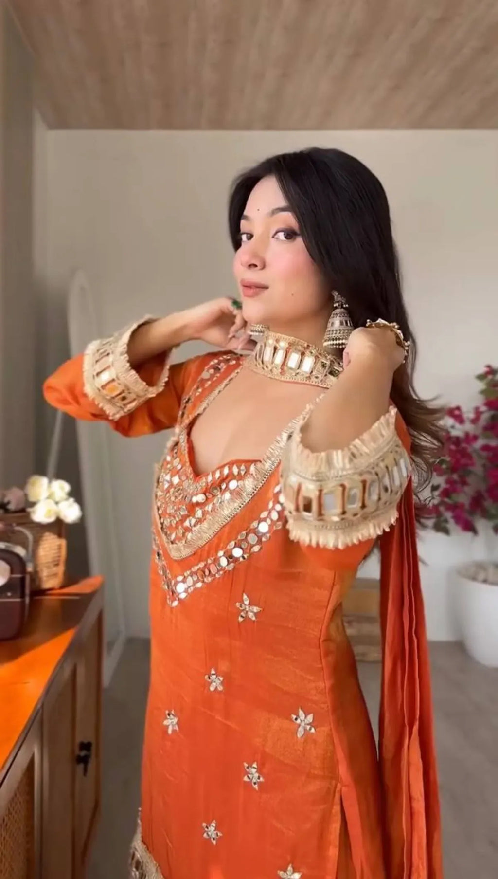 Rust Orange Pakistani Mirror Work Kurti Sharara Set