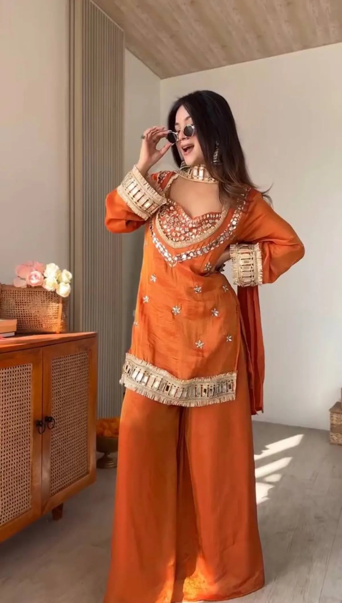 Rust Orange Pakistani Mirror Work Kurti Sharara Set