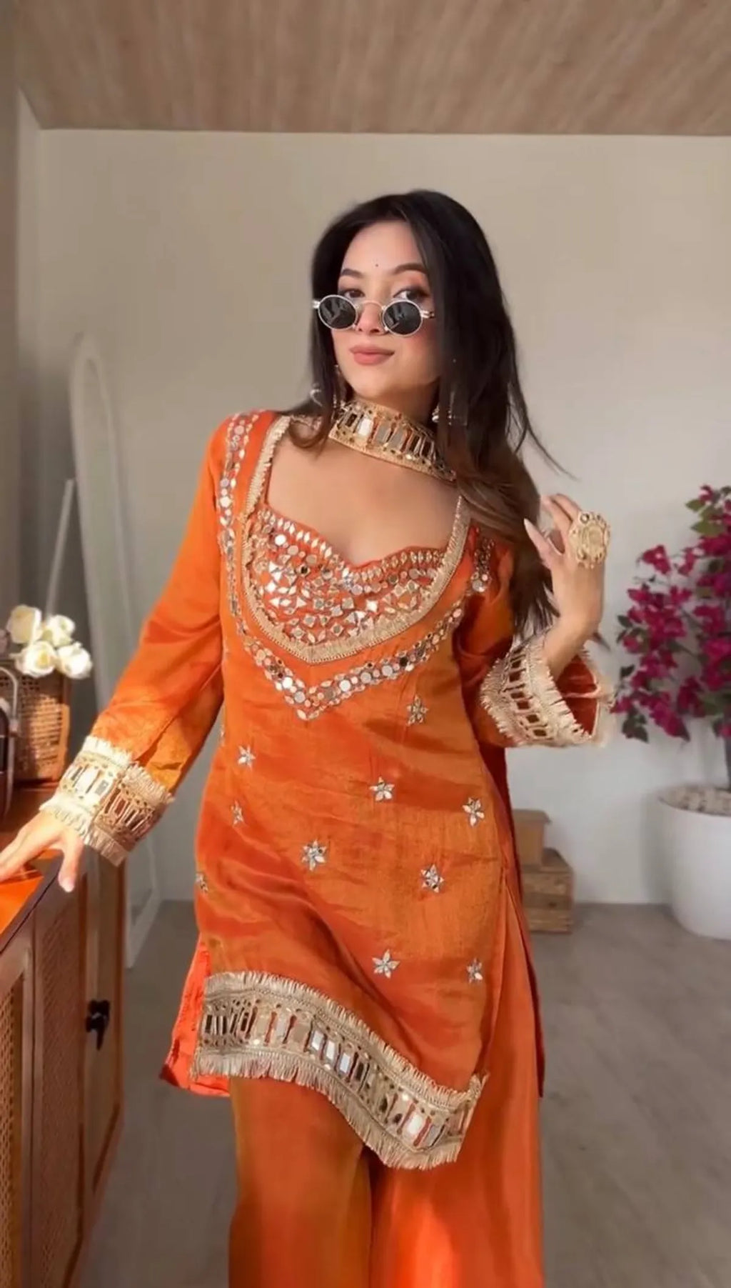 Rust Orange Pakistani Mirror Work Kurti Sharara Set