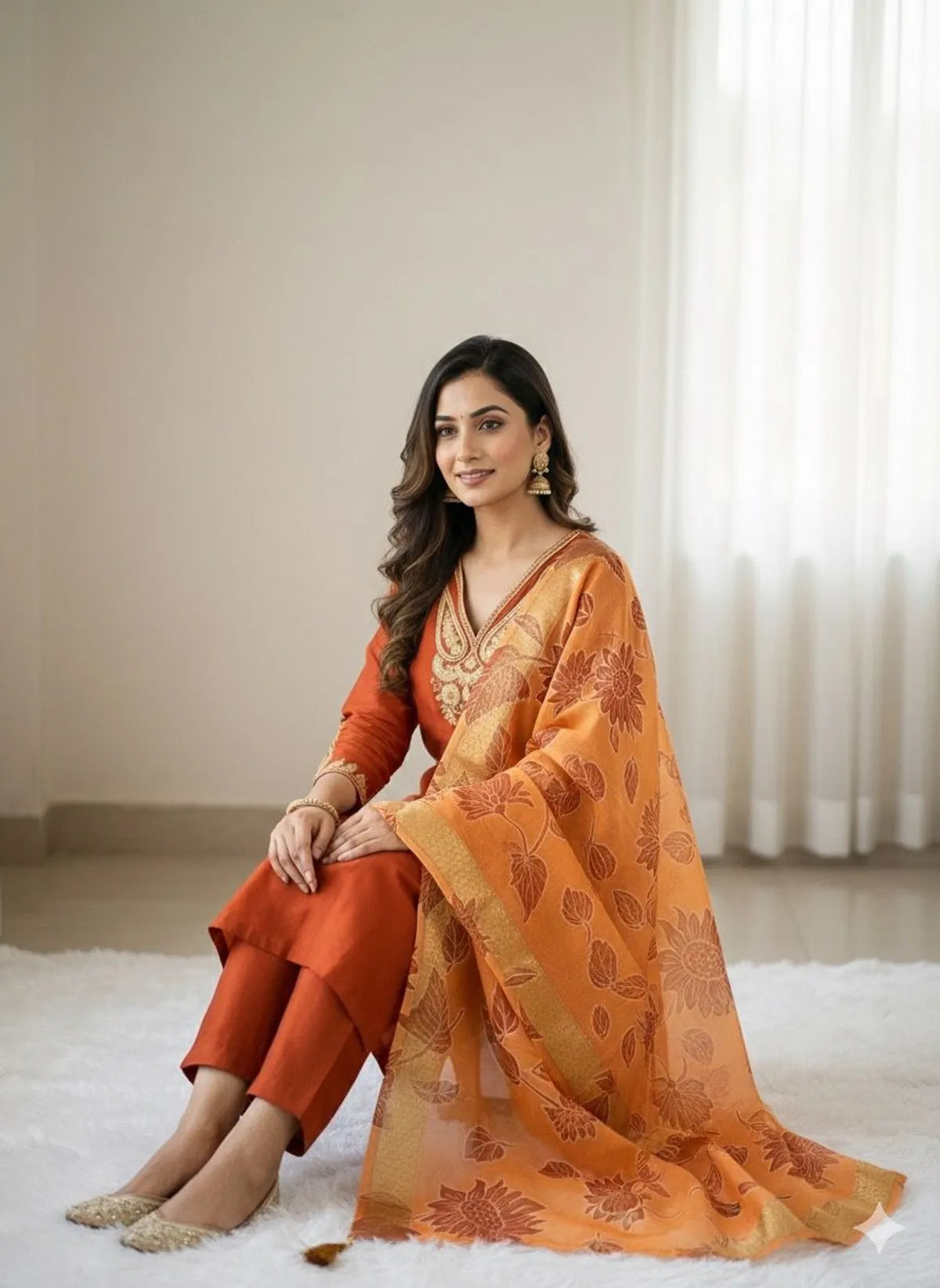 Rust Roman Silk Kurta Pant Set with Floral Chanderi Dupatta | Festive Embroidered Women's Suit Set