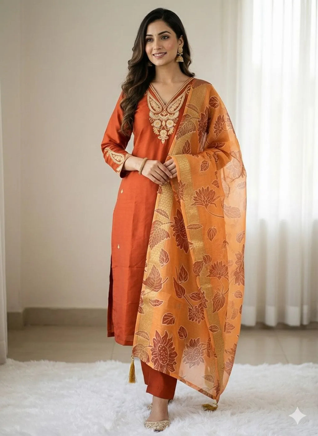 Rust Roman Silk Kurta Pant Set with Floral Chanderi Dupatta | Festive Embroidered Women's Suit Set